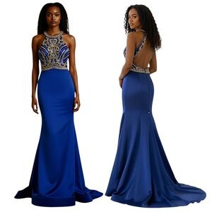 Jovani Mermaid Gown 12 Prom Dress Halter Royal Blue Beads Rhinestone Embellished